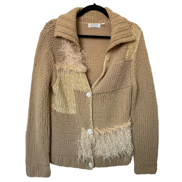 Vintage Alexa Y2K Wool Blend Chenille  Chunky Knit Collared Cardigan - Picture 1 of 6